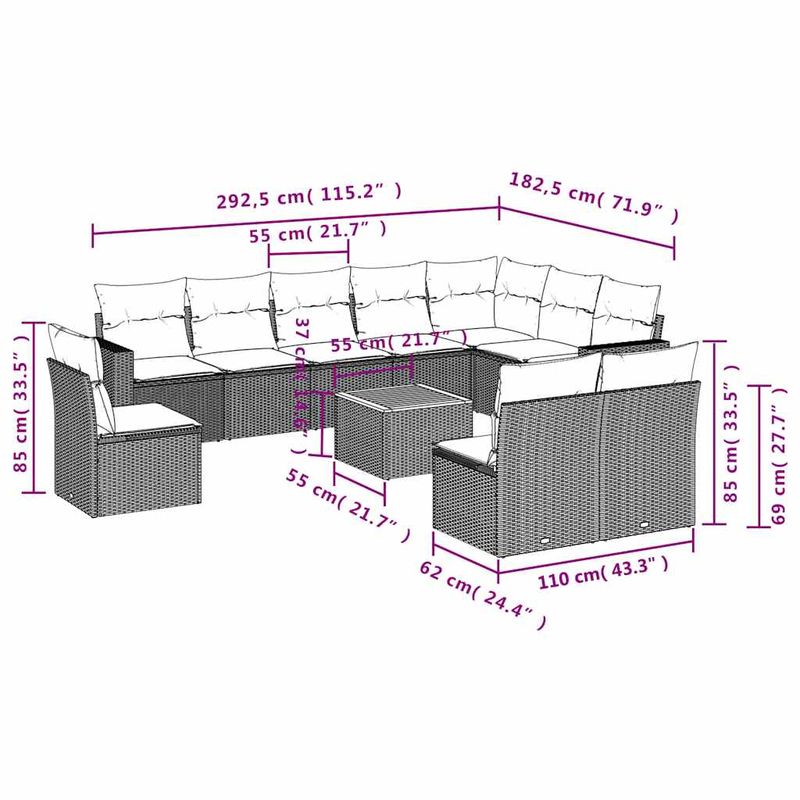 Casa si Gradina - Gradina si terasa - Mobilier exterior - Seturi mobila gradina - Set canapele de gradina cu perne, 11 piese, gri, poliratan - Infinity.ro