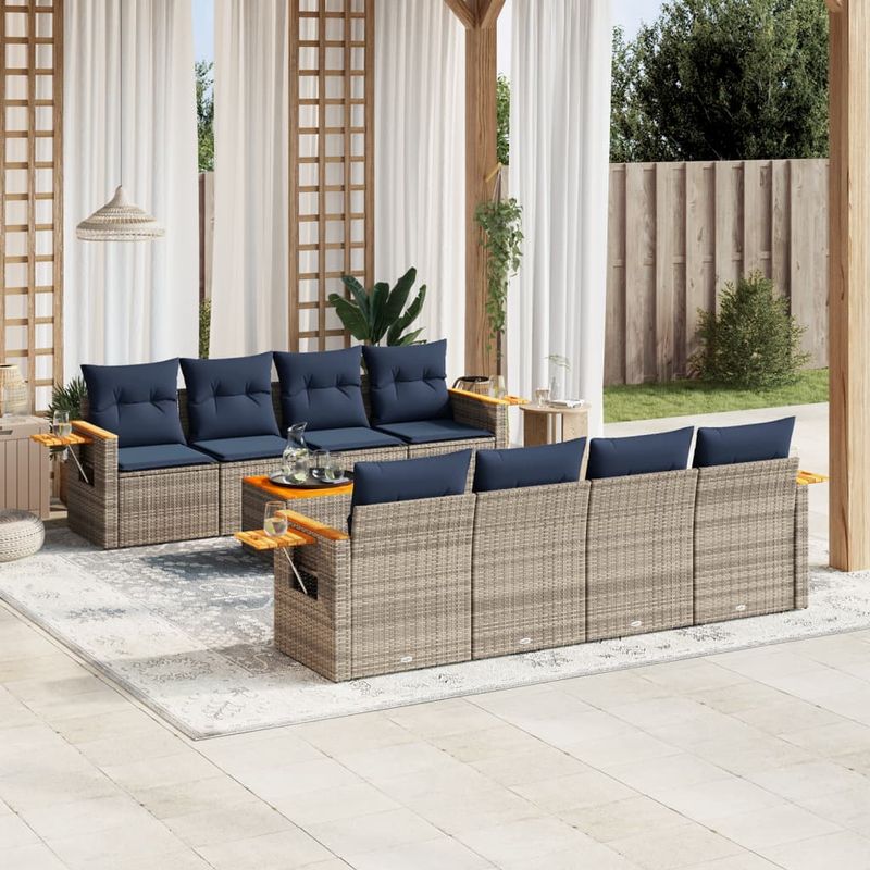 Casa si Gradina - Gradina si terasa - Mobilier exterior - Seturi mobila gradina - Set canapele de gradina, 9 piese, cu perne, gri, poliratan - Infinity.ro