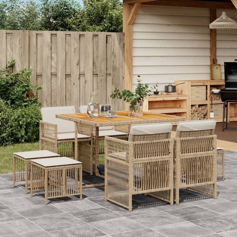 Casa si Gradina - Gradina si terasa - Mobilier exterior - Seturi mobila gradina - Set de masa pentru gradina, 9 piese, cu perne, bej, poliratan - Infinity.ro