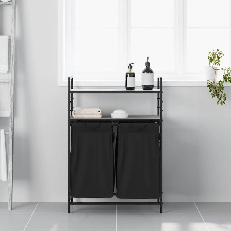 Casa si Gradina - Sanitare - Suporturi si accesorii baie - Accesorii baie - Cos de rufe 2 compartimente cu rafturi sonoma gri - Infinity.ro