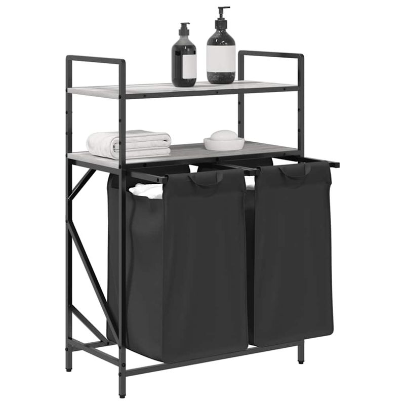 Casa si Gradina - Sanitare - Suporturi si accesorii baie - Accesorii baie - Cos de rufe 2 compartimente cu rafturi sonoma gri - Infinity.ro