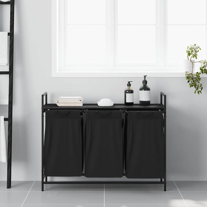 Casa si Gradina - Sanitare - Suporturi si accesorii baie - Accesorii baie - Cos de rufe 3 compartimente cu raft stejar negru - Infinity.ro