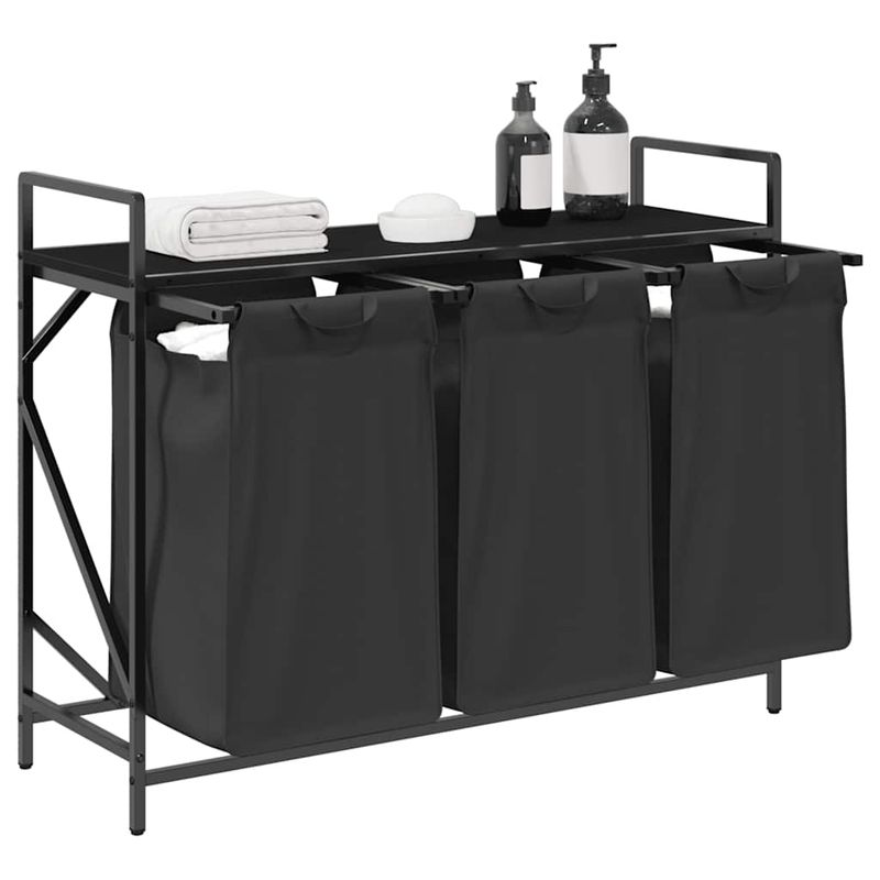 Market - Spalare si intretinere rufe - Uscatoare de rufe si accesorii - Cos de rufe 3 compartimente cu raft stejar negru - Infinity.ro