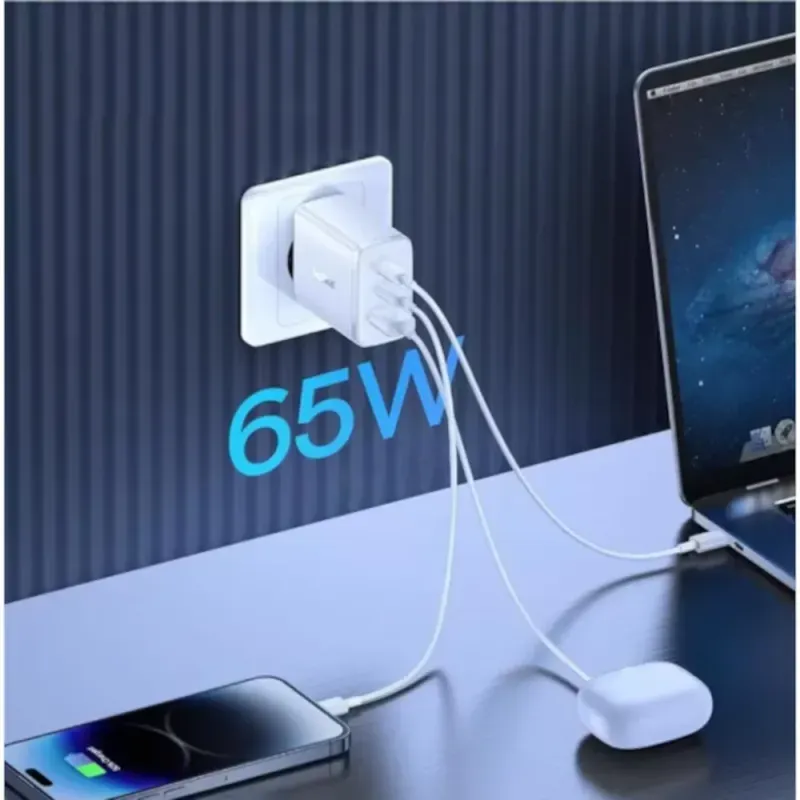 Laptop, Telefoane si Tablete - Telefoane mobile si accesorii - Accesorii Telefoane - Incarcatoare telefoane - Incarcator ABYZ 65W cu Fast Charging dual USB-C si USB-A sigur si rapid pentru dispozitive mobile compatibil cu 230V alb - Infinity.ro
