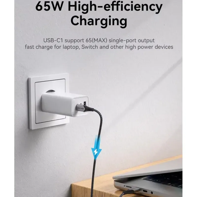 Laptop, Telefoane si Tablete - Telefoane mobile si accesorii - Accesorii Telefoane - Incarcatoare telefoane - Incarcator ABYZ 65W cu Fast Charging dual USB-C si USB-A sigur si rapid pentru dispozitive mobile compatibil cu 230V alb - Infinity.ro