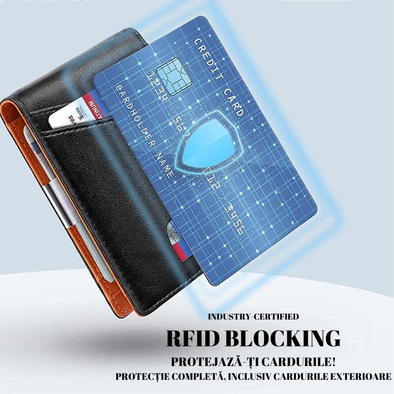 Fashion, accesorii si bijuterii - Barbati - Accesorii barbati - Portofele barbati - Portofel din piele pentru barbati, slim, cu protectie antiscanare carduri, negru/maro - Infinity.ro