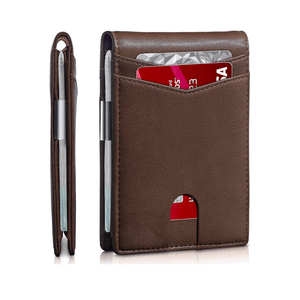 Portofel din piele pentru barbati, slim, cu protectie antiscanare carduri, maro