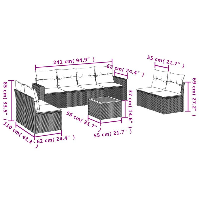 Casa si Gradina - Gradina si terasa - Mobilier exterior - Seturi mobila gradina - Set mobilier de gradina cu perne, 9 piese, negru, poliratan - Infinity.ro