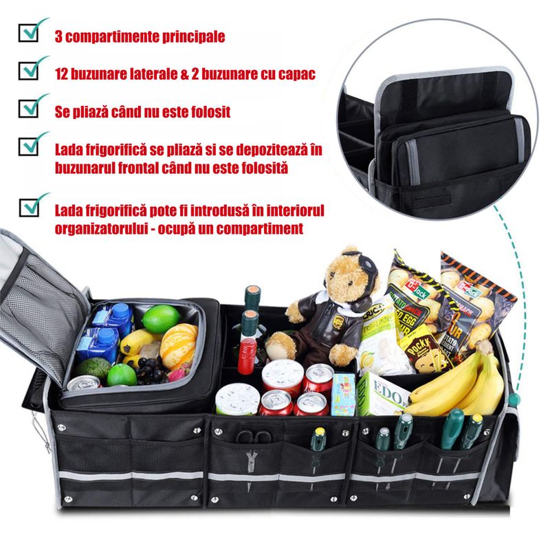 Auto si Moto - Piese auto si accesorii - Interior auto - Accesorii interior - Organizator portbagaj auto & Lada frigorifica, Linomag®, Impermeabil, Pliabil, Multifunctional, Negru, 90x35x30cm - Infinity.ro