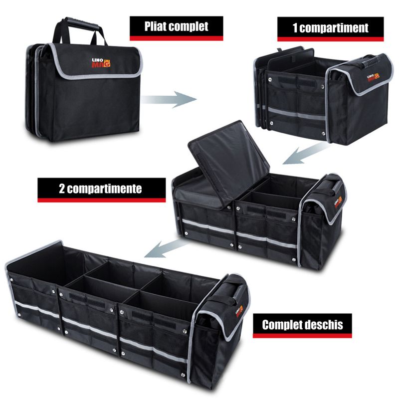 Auto si Moto - Piese auto si accesorii - Interior auto - Accesorii interior - Organizator portbagaj auto & Lada frigorifica, Linomag®, Impermeabil, Pliabil, Multifunctional, Negru, 90x35x30cm - Infinity.ro