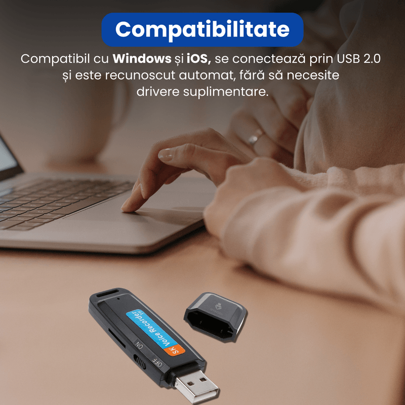 TV, Audio-Video si Foto - Portabile audio - Reportofoane - Stick USB cu reportofon, Spionescu, inregistrare audio pana la 12h, Slot Card TF, activare rapida, raza 10m, USB 2.0 - Infinity.ro