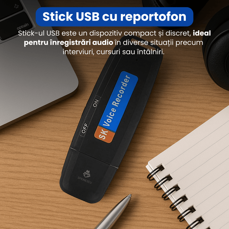 TV, Audio-Video si Foto - Portabile audio - Reportofoane - Stick USB cu reportofon, Spionescu, inregistrare audio pana la 12h, Slot Card TF, activare rapida, raza 10m, USB 2.0 - Infinity.ro