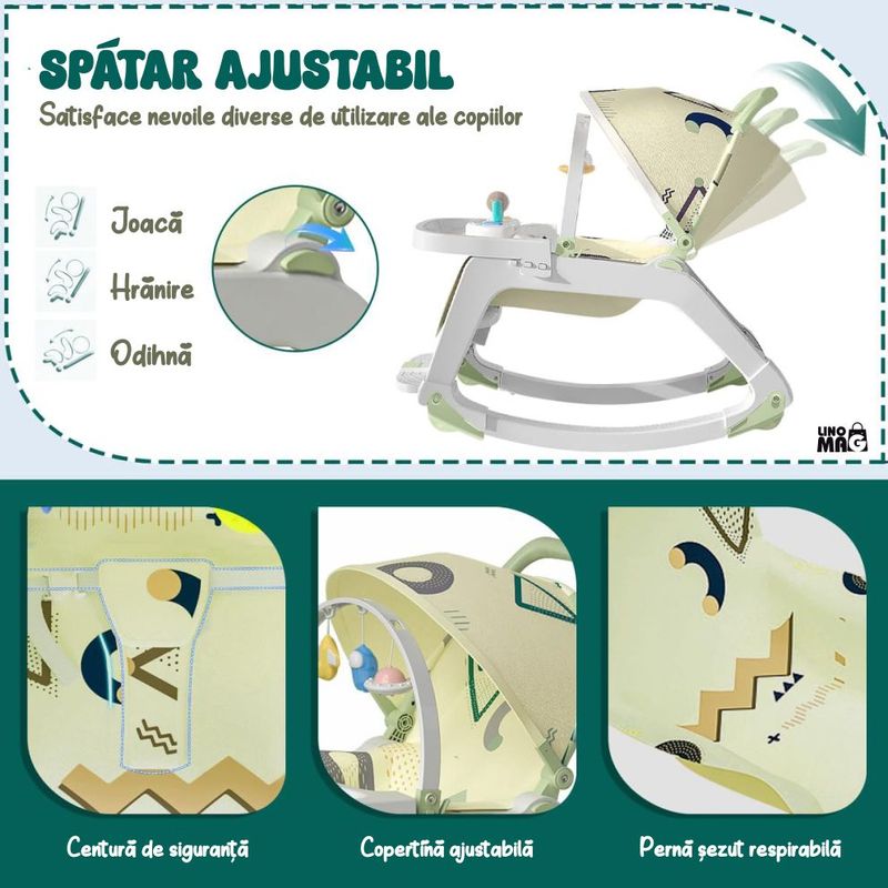 Jucarii, Copii si Bebe - Carucioare si articole de transport - Premergatoare - Balansoar 5 in 1 Linomag®, Scaun masa, Carucior, Masuta, Spatar rabatabil, Jucarii, 0-36 luni, Verde - Infinity.ro
