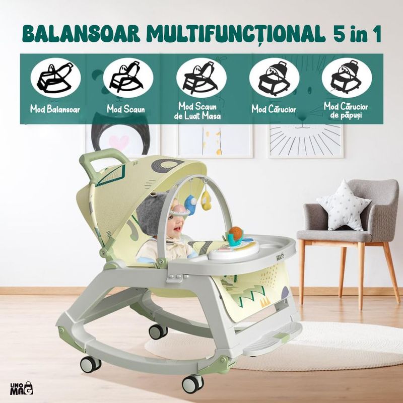 Jucarii, Copii si Bebe - Carucioare si articole de transport - Premergatoare - Balansoar 5 in 1 Linomag®, Scaun masa, Carucior, Masuta, Spatar rabatabil, Jucarii, 0-36 luni, Verde - Infinity.ro