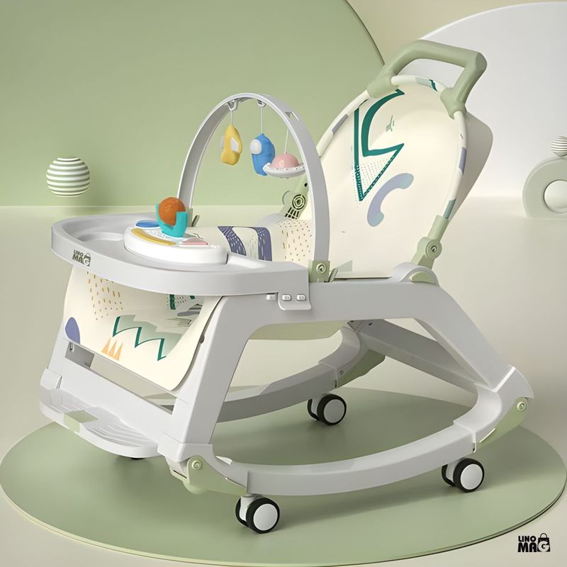 Jucarii, Copii si Bebe - Carucioare si articole de transport - Premergatoare - Balansoar 5 in 1 Linomag®, Scaun masa, Carucior, Masuta, Spatar rabatabil, Jucarii, 0-36 luni, Verde - Infinity.ro