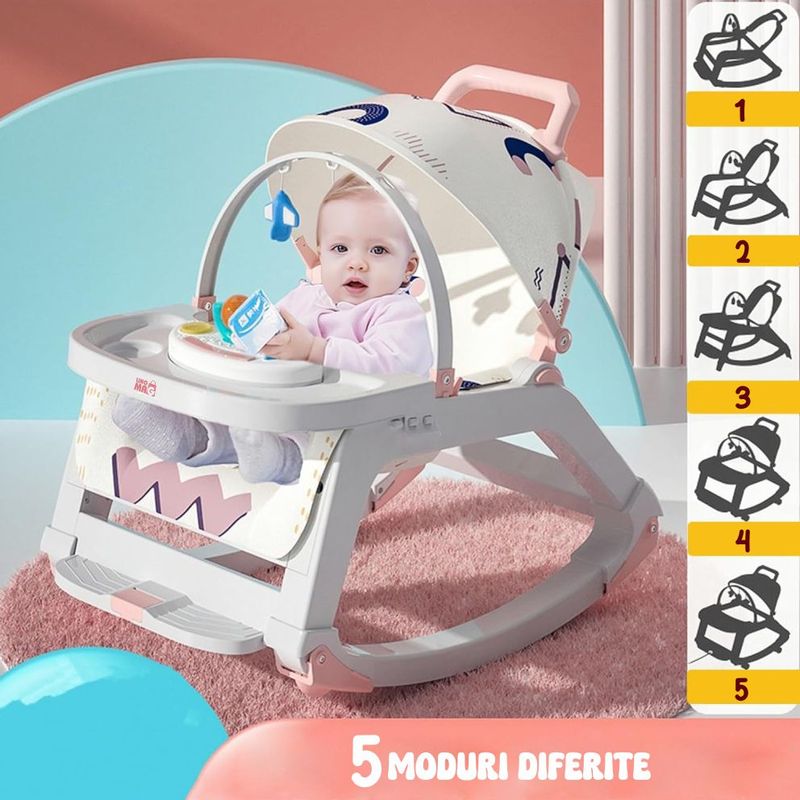 Jucarii, Copii si Bebe - Carucioare si articole de transport - Premergatoare - Balansoar 5 in 1 Linomag®, Scaun masa, Carucior, Masuta, Spatar rabatabil, Jucarii, 0-36 luni, Roz - Infinity.ro