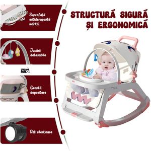 Balansoar 5 in 1 Linomag®, Scaun masa, Carucior, Masuta, Spatar rabatabil, Jucarii, 0-36 luni