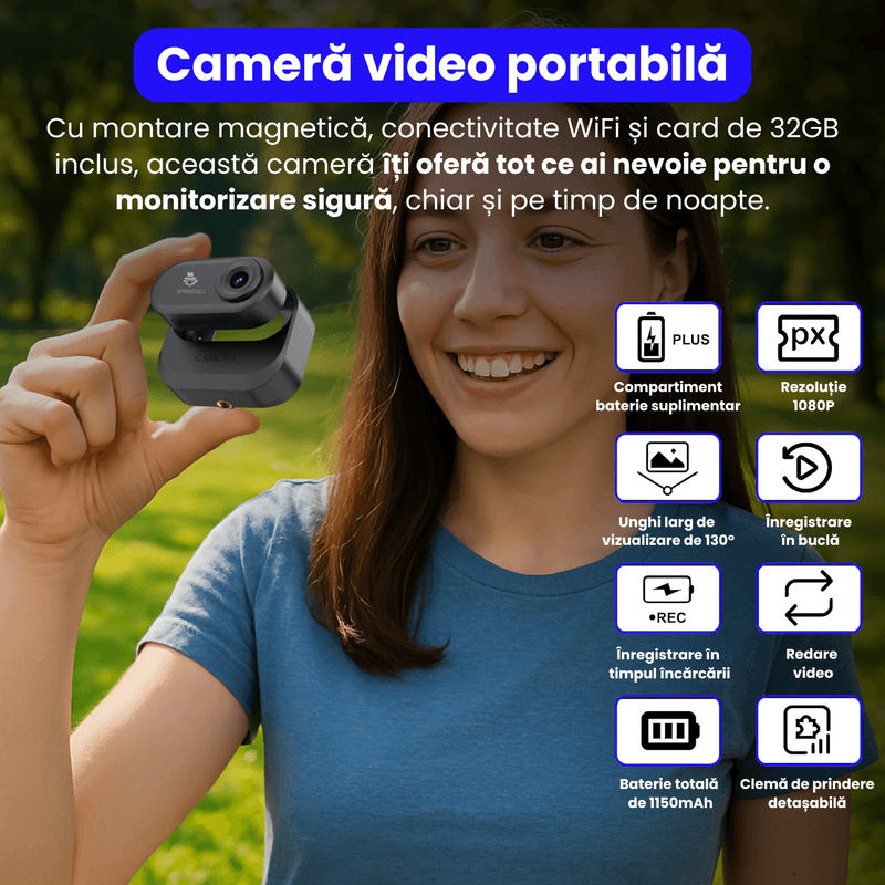TV, Audio-Video si Foto - Camere video - Camere video profesionale - Mini camera video corporala 1080P cu viziune nocturna, body cam, clip rotativ 180°, montare magnetica, card microSD 32BG - Infinity.ro