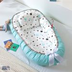 Casa si Gradina - Mobilier - Mobilier copii - Saltele patut copii - Cosulet Bebelusi pentru Dormit tip Baby Nest, Linomag®, cu Doua Fete, 0-24 Luni, 90x55cm, Husa Bumbac, Alb/Turcoaz - Infinity.ro