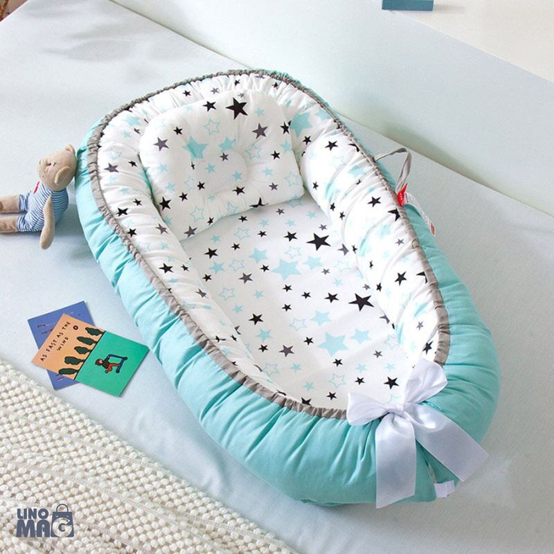 Casa si Gradina - Mobilier - Mobilier copii - Saltele patut copii - Cosulet Bebelusi pentru Dormit tip Baby Nest, Linomag®, cu Doua Fete, 0-24 Luni, 90x55cm, Husa Bumbac, Alb/Turcoaz - Infinity.ro