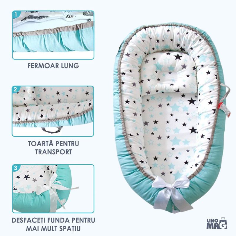 Casa si Gradina - Mobilier - Mobilier copii - Saltele patut copii - Cosulet Bebelusi pentru Dormit tip Baby Nest, Linomag®, cu Doua Fete, 0-24 Luni, 90x55cm, Husa Bumbac, Alb/Turcoaz - Infinity.ro