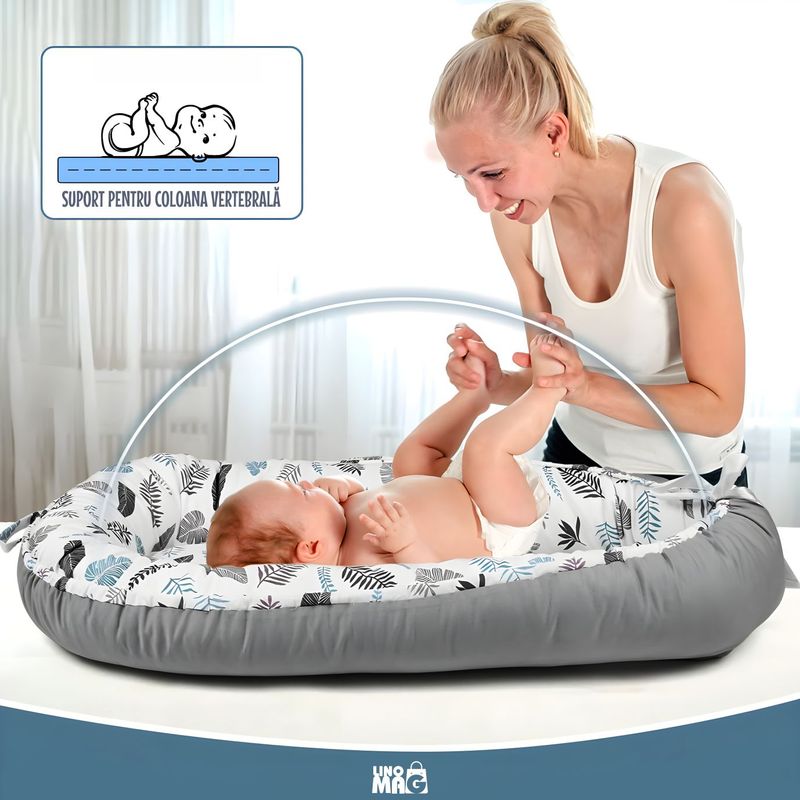 Casa si Gradina - Mobilier - Mobilier copii - Saltele patut copii - Cosulet Bebelusi pentru Dormit tip Baby Nest, Linomag®, cu Doua Fete, 0-24 Luni, 90x55cm, Husa Bumbac, Alb/Gri - Infinity.ro