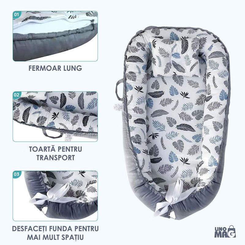 Casa si Gradina - Mobilier - Mobilier copii - Saltele patut copii - Cosulet Bebelusi pentru Dormit tip Baby Nest, Linomag®, cu Doua Fete, 0-24 Luni, 90x55cm, Husa Bumbac, Alb/Gri - Infinity.ro