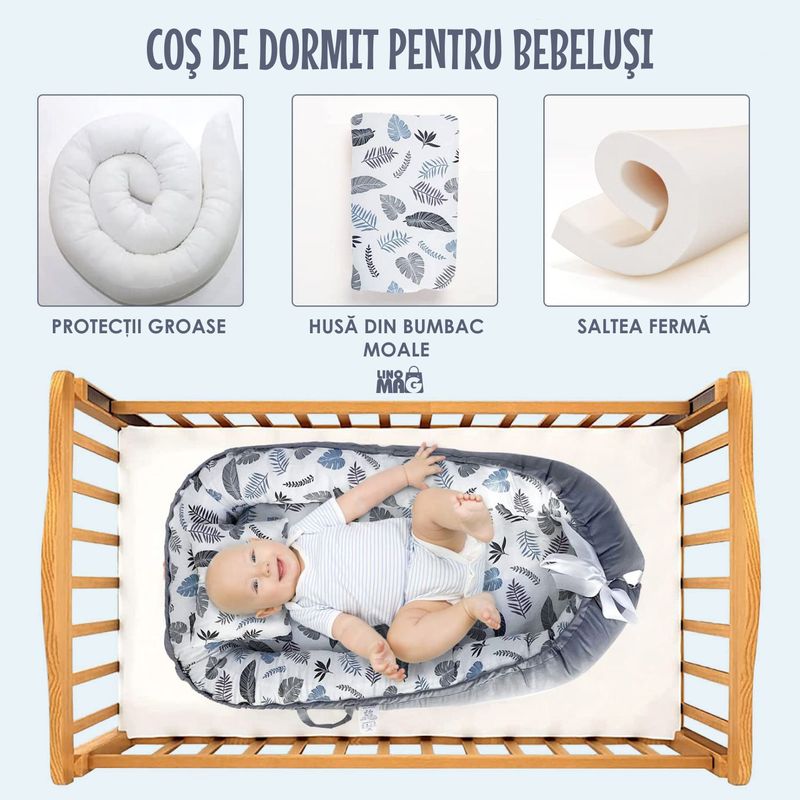 Casa si Gradina - Mobilier - Mobilier copii - Saltele patut copii - Cosulet Bebelusi pentru Dormit tip Baby Nest, Linomag®, cu Doua Fete, 0-24 Luni, 90x55cm, Husa Bumbac, Alb/Gri - Infinity.ro