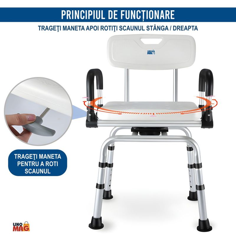 Casa si Gradina - Sanitare - Cazi si cabine de dus - Accesorii cada - Scaun baie/dus rotativ Linomag®, reglabil, ventuze, spatar, manere rabatabile, 360°, aluminiu, Alb/Negru - Infinity.ro