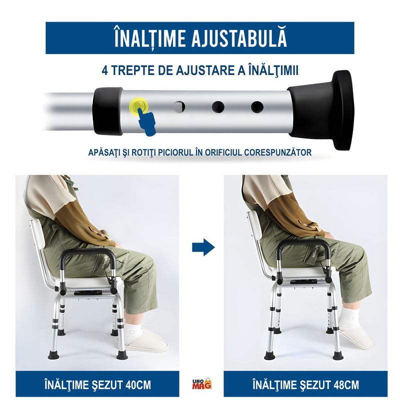 Casa si Gradina - Sanitare - Cazi si cabine de dus - Accesorii cada - Scaun baie/dus rotativ Linomag®, reglabil, ventuze, spatar, manere rabatabile, 360°, aluminiu, Alb/Negru - Infinity.ro