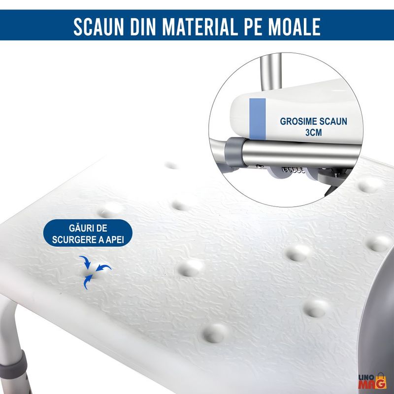 Casa si Gradina - Sanitare - Cazi si cabine de dus - Accesorii cada - Scaun baie/dus rotativ Linomag®, reglabil, ventuze, spatar, manere rabatabile, 360°, aluminiu, Alb/Negru - Infinity.ro