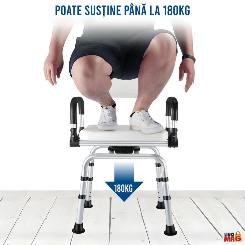 Casa si Gradina - Sanitare - Cazi si cabine de dus - Accesorii cada - Scaun baie/dus rotativ Linomag®, reglabil, ventuze, spatar, manere rabatabile, 360°, aluminiu, Alb/Negru - Infinity.ro