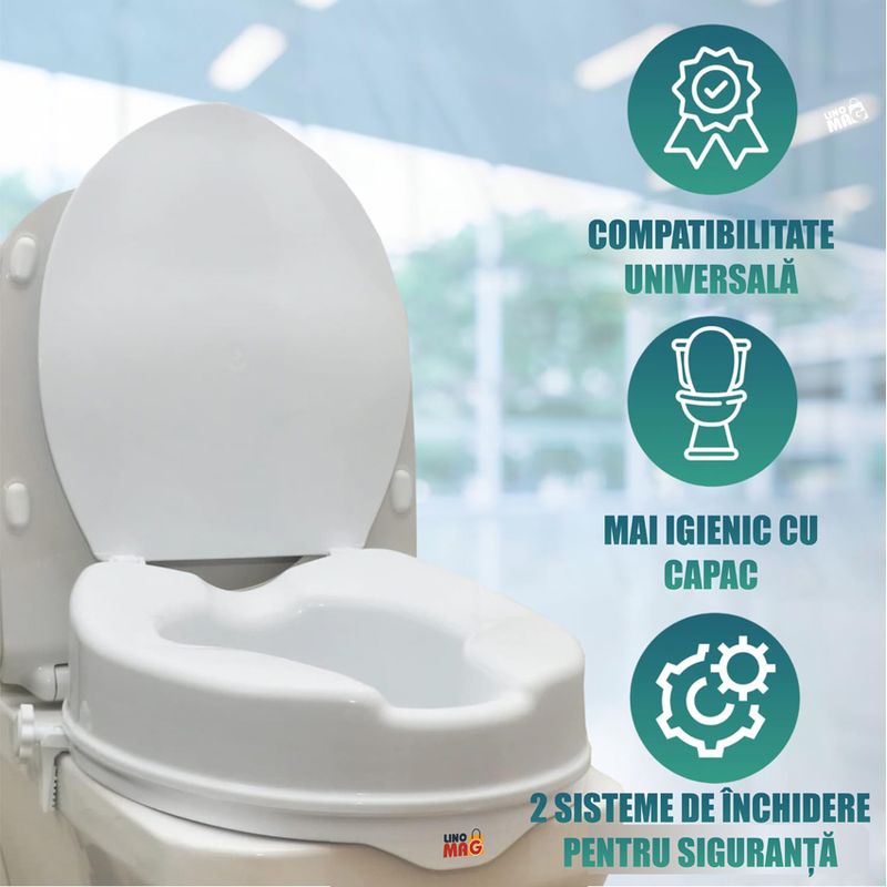 Casa si Gradina - Sanitare - Obiecte sanitare - Accesorii vase de toaleta - Inaltator WC cu capac Linomag®, 15 cm inaltime, Sistem de prindere reglabil pentru vasul de toaleta, Alb - Infinity.ro
