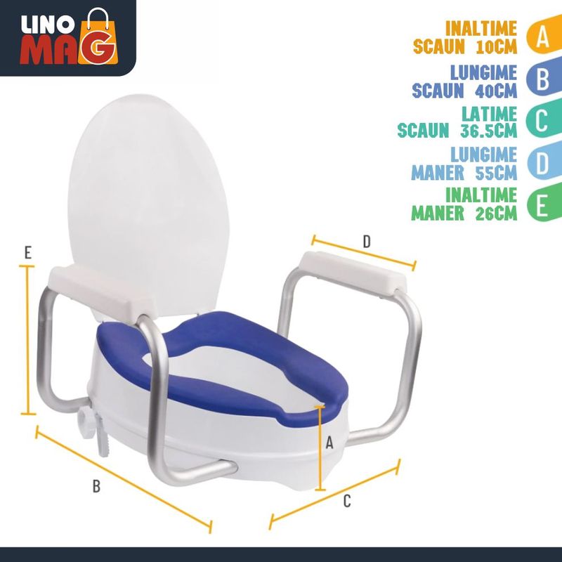 Casa si Gradina - Sanitare - Obiecte sanitare - Accesorii vase de toaleta - Inaltator WC cu capac si manere Linomag®, 10 cm, colac PU moale, prindere reglabila, Alb/Albastru Violet - Infinity.ro