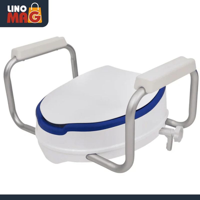 Casa si Gradina - Sanitare - Obiecte sanitare - Accesorii vase de toaleta - Inaltator WC cu capac si manere Linomag®, 10 cm, colac PU moale, prindere reglabila, Alb/Albastru Violet - Infinity.ro