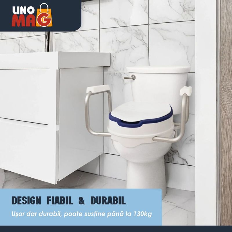 Casa si Gradina - Sanitare - Obiecte sanitare - Accesorii vase de toaleta - Inaltator WC cu capac si manere Linomag®, 10 cm, colac PU moale, prindere reglabila, Alb/Albastru Violet - Infinity.ro