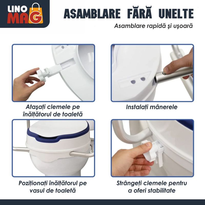 Casa si Gradina - Sanitare - Obiecte sanitare - Accesorii vase de toaleta - Inaltator WC cu capac si manere Linomag®, 10 cm, colac PU moale, prindere reglabila, Alb/Albastru Violet - Infinity.ro