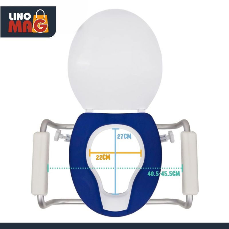 Casa si Gradina - Sanitare - Obiecte sanitare - Accesorii vase de toaleta - Inaltator WC cu capac si manere Linomag®, 10 cm, colac PU moale, prindere reglabila, Alb/Albastru Violet - Infinity.ro