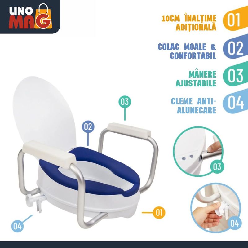 Casa si Gradina - Sanitare - Obiecte sanitare - Accesorii vase de toaleta - Inaltator WC cu capac si manere Linomag®, 10 cm, colac PU moale, prindere reglabila, Alb/Albastru Violet - Infinity.ro