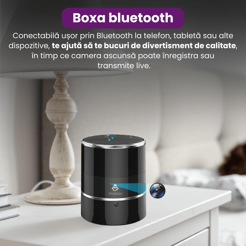 Laptop, Telefoane si Tablete - Wearables si gadgeturi - Gadgeturi - Dispozitive spionaj - Boxa bluetooth cu camera ascunsa, Wifi, rotatie senzor 240°, detectia miscarii, Android/iOS, stocare card/cloud, 1080P - Infinity.ro