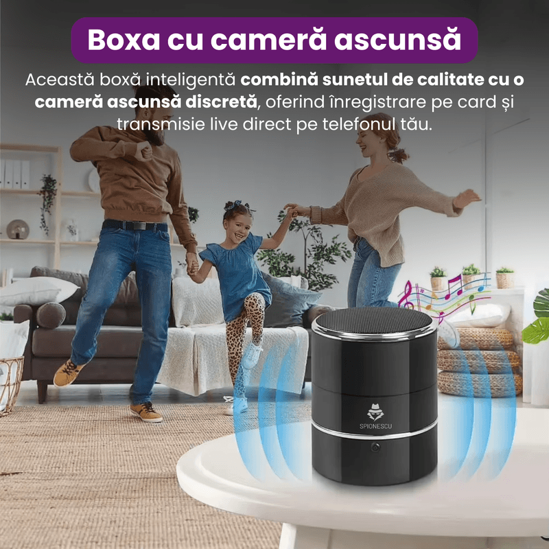 Laptop, Telefoane si Tablete - Wearables si gadgeturi - Gadgeturi - Dispozitive spionaj - Boxa bluetooth cu camera ascunsa, Wifi, rotatie senzor 240°, detectia miscarii, Android/iOS, stocare card/cloud, 1080P - Infinity.ro