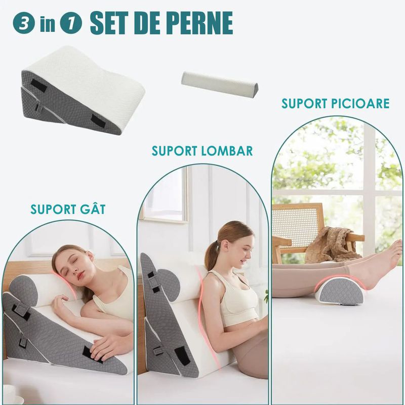 Casa si Gradina - Textile si covoare - Perne si pilote - Perne - Set 3 Perne Ortopedice 10 in 1 Linomag®, spuma memorie, suport complet, husa lavabila, Alb/Gri Plumb - Infinity.ro