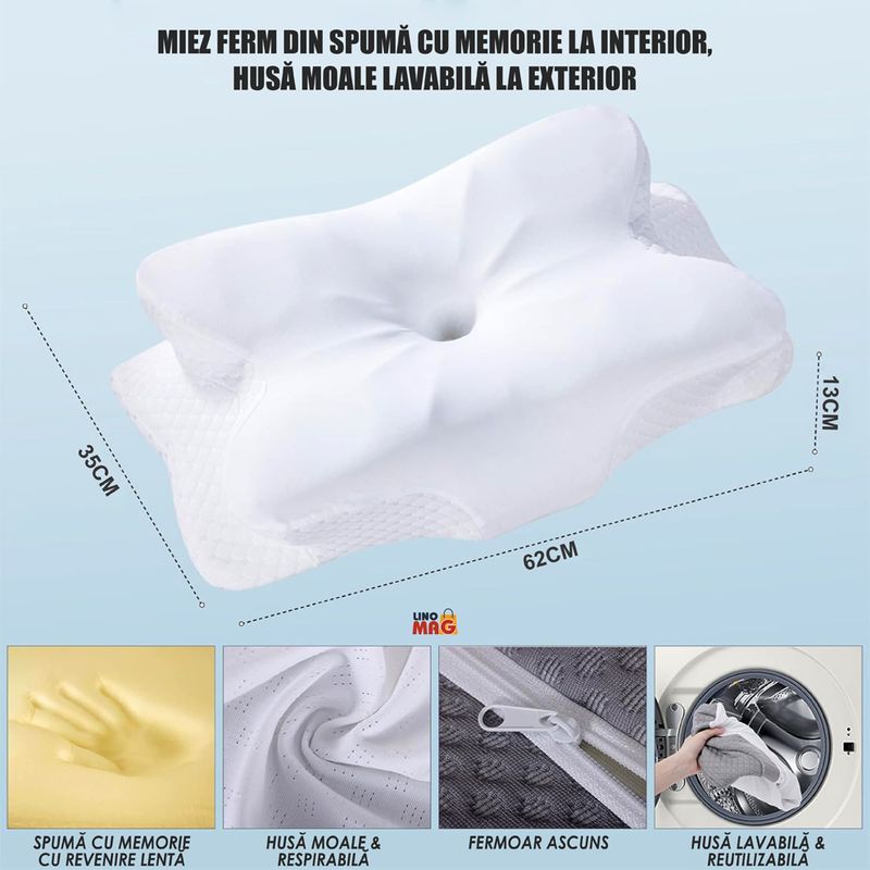 Casa si Gradina - Textile si covoare - Perne si pilote - Perne - Perna Ortopedica Cervicala pentru dormit Linomag®, Spuma cu Memorie, Husa lavabila, Alb, 62 x 35 x 13 cm - Infinity.ro