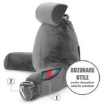 Casa si Gradina - Textile si covoare - Perne si pilote - Perne - Perna pentru Citit cu Cotiere, Suport pentru Cap/Gat Detasabil, Linomag®, 2 x Buzunare Laterale, Gri, 91.5x75cm - Infinity.ro