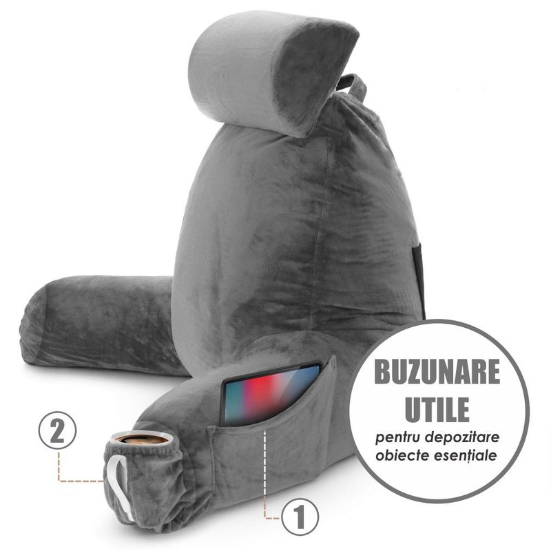 Casa si Gradina - Textile si covoare - Perne si pilote - Perne - Perna pentru Citit cu Cotiere, Suport pentru Cap/Gat Detasabil, Linomag®, 2 x Buzunare Laterale, Gri, 91.5x75cm - Infinity.ro