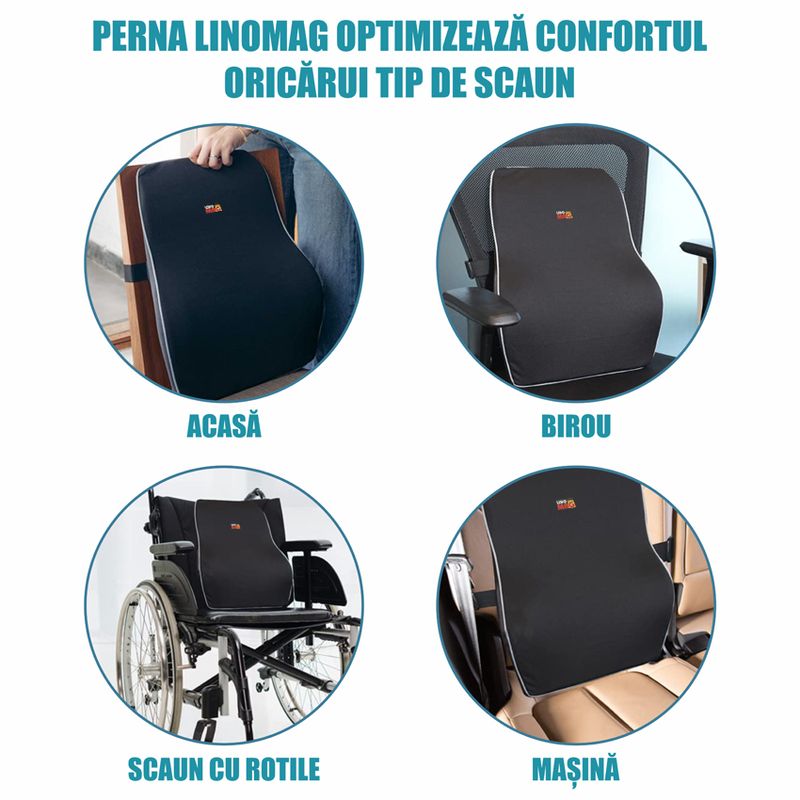 Casa si Gradina - Textile si covoare - Perne si pilote - Perne - Perna lombara completa pentru scaun de birou sau masina, Linomag®, Spuma cu memorie, Negru, 44 x 37 x 12cm - Infinity.ro