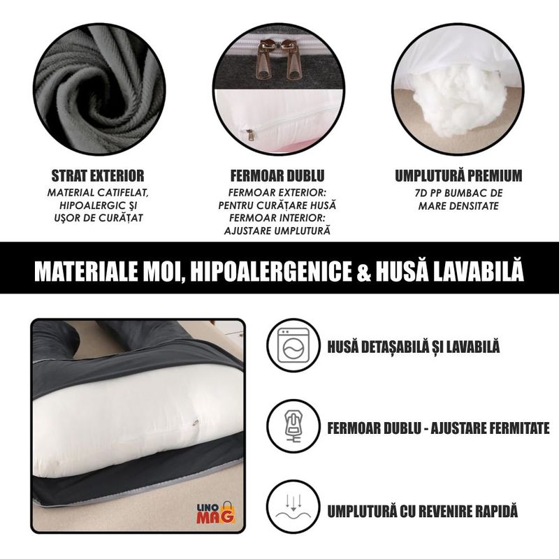 Casa si Gradina - Textile si covoare - Perne si pilote - Perne - Perna Gravide si Alaptare 3 in 1 Linomag®, Multifunctionala, Sustinere pentru Burta, Spate, Bebelus, Relaxare, Negru - Infinity.ro