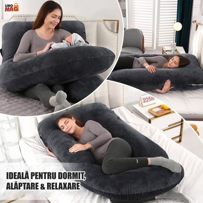 Casa si Gradina - Textile si covoare - Perne si pilote - Perne - Perna Gravide si Alaptare 3 in 1 Linomag®, Multifunctionala, Sustinere pentru Burta, Spate, Bebelus, Relaxare, Negru - Infinity.ro