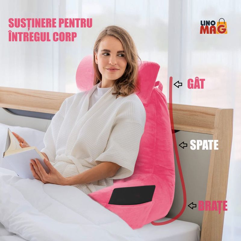 Casa si Gradina - Textile si covoare - Perne si pilote - Perne - Perna pentru Citit cu Cotiere, Suport pentru Cap/Gat Detasabil, Linomag®, 2 x Buzunare Laterale, Roz, 91.5x75cm - Infinity.ro