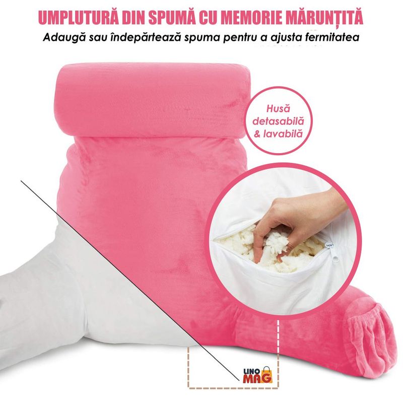 Casa si Gradina - Textile si covoare - Perne si pilote - Perne - Perna pentru Citit cu Cotiere, Suport pentru Cap/Gat Detasabil, Linomag®, 2 x Buzunare Laterale, Roz, 91.5x75cm - Infinity.ro